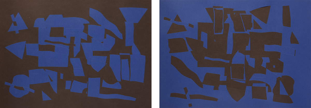 Échanges de surfaces, 1992 – papiers de couleur, découpage, collage / coloured paper, cut up and collaged – (2 x) 50 x 70 cm.
